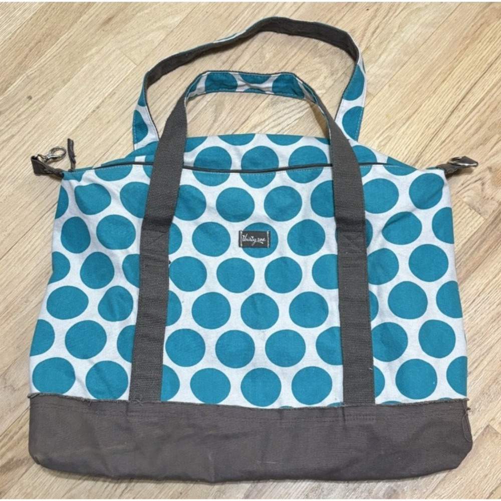 Thirty-One Canvas Tote Bag Womens Large Teal Polka Dot Brown Trim Zip Top - Picture 10 of 10
